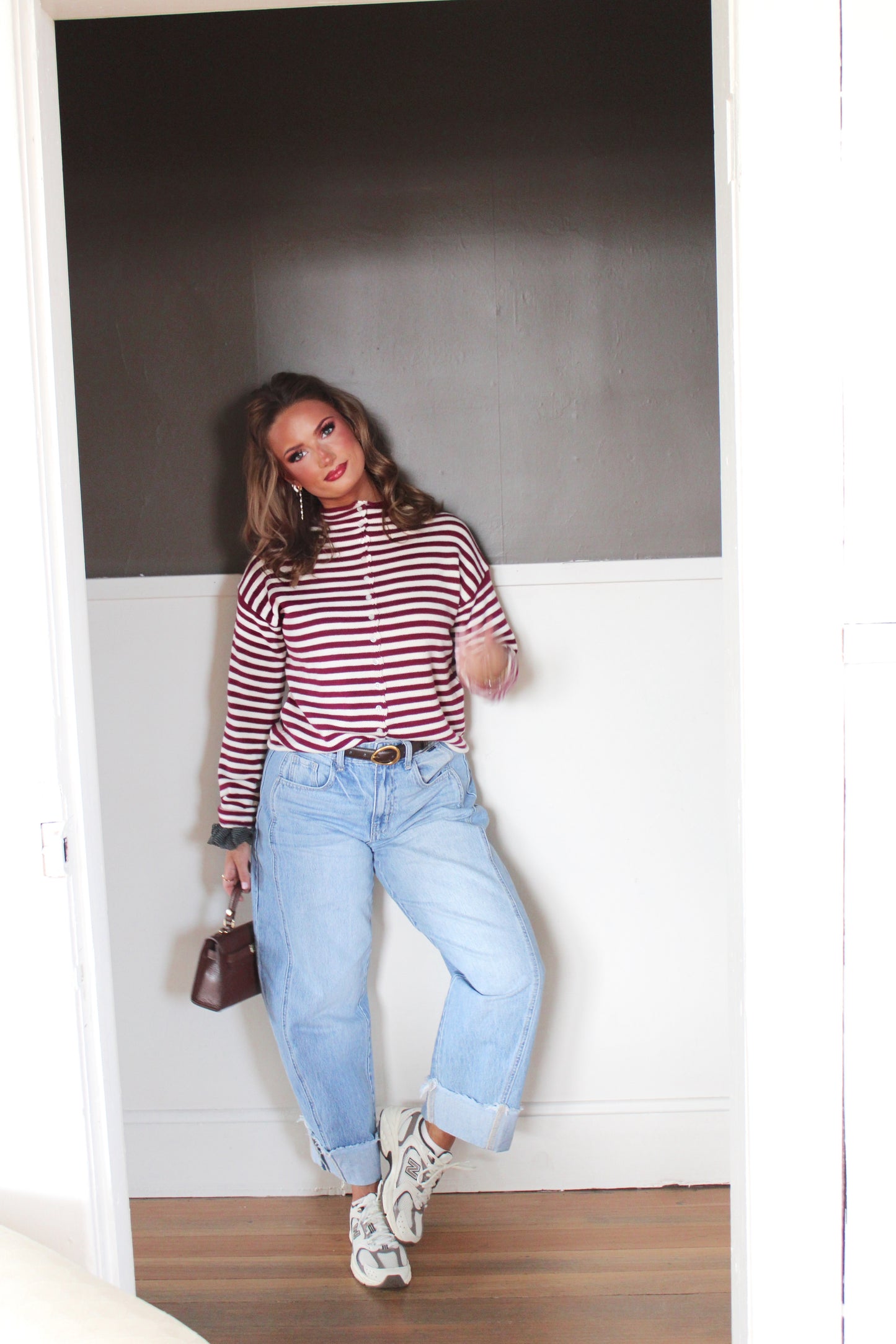 Bordeaux Stripe Mock Neck Sweater - Merlot