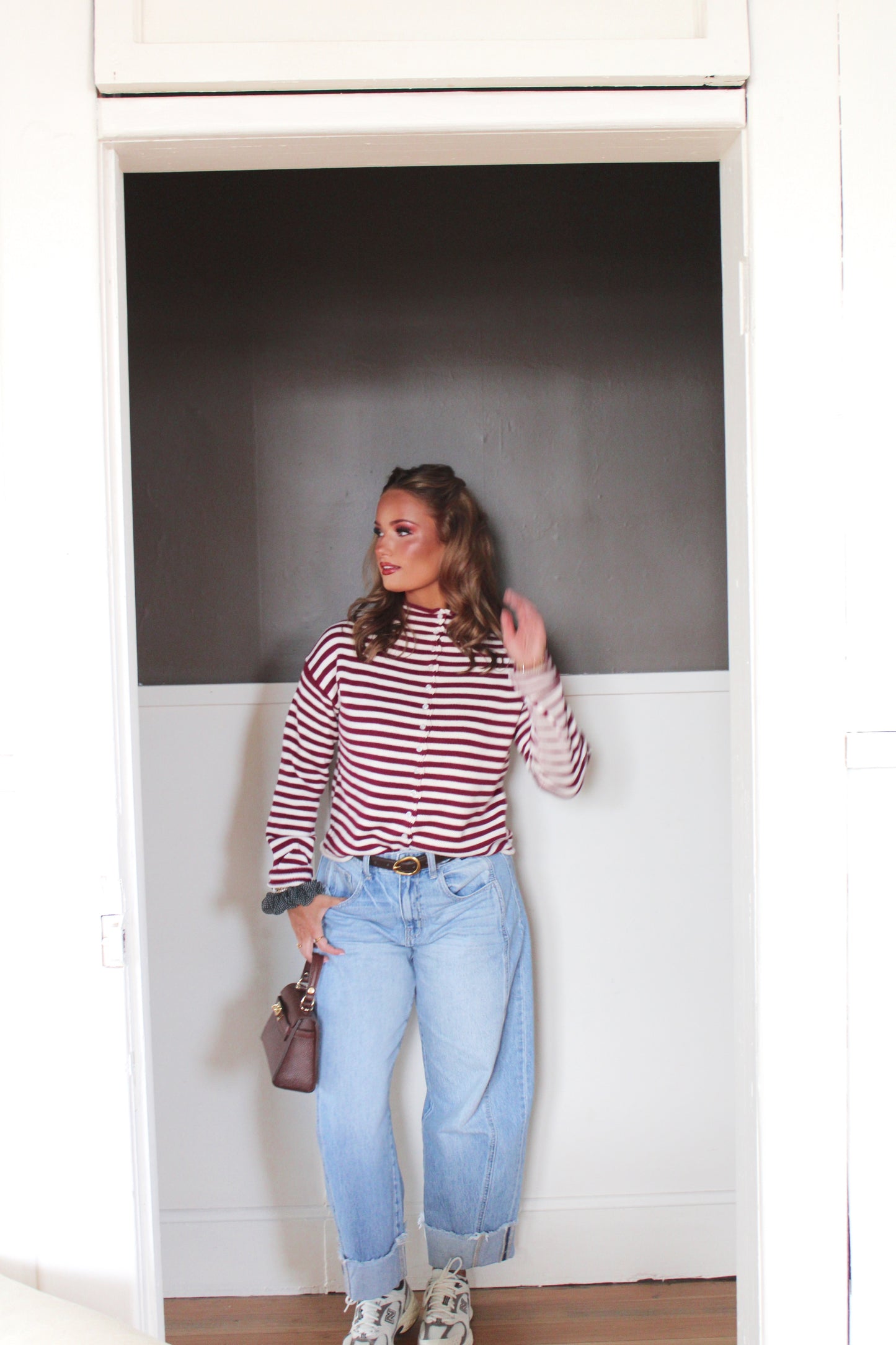 Bordeaux Stripe Mock Neck Sweater - Merlot