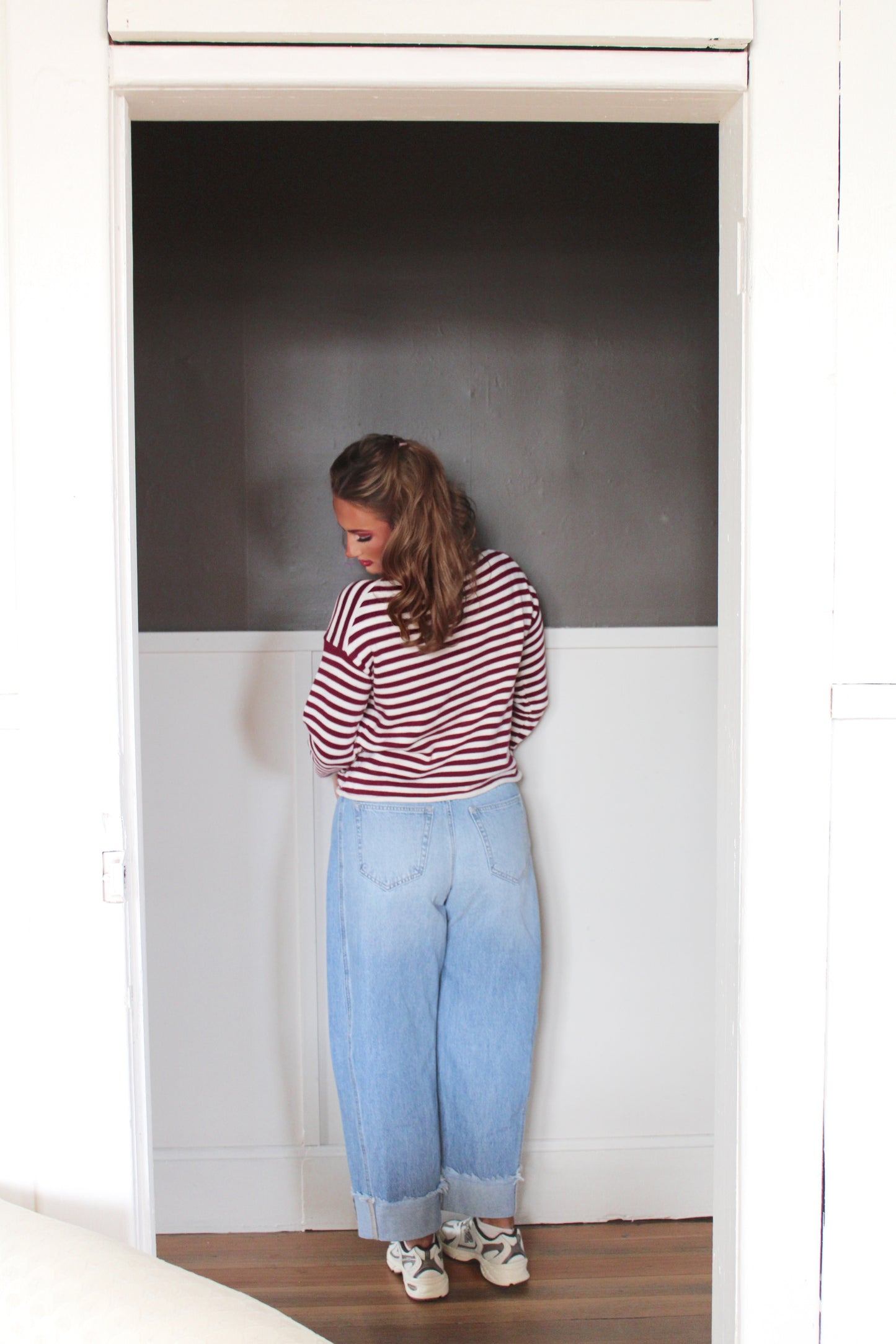 Bordeaux Stripe Mock Neck Sweater - Merlot