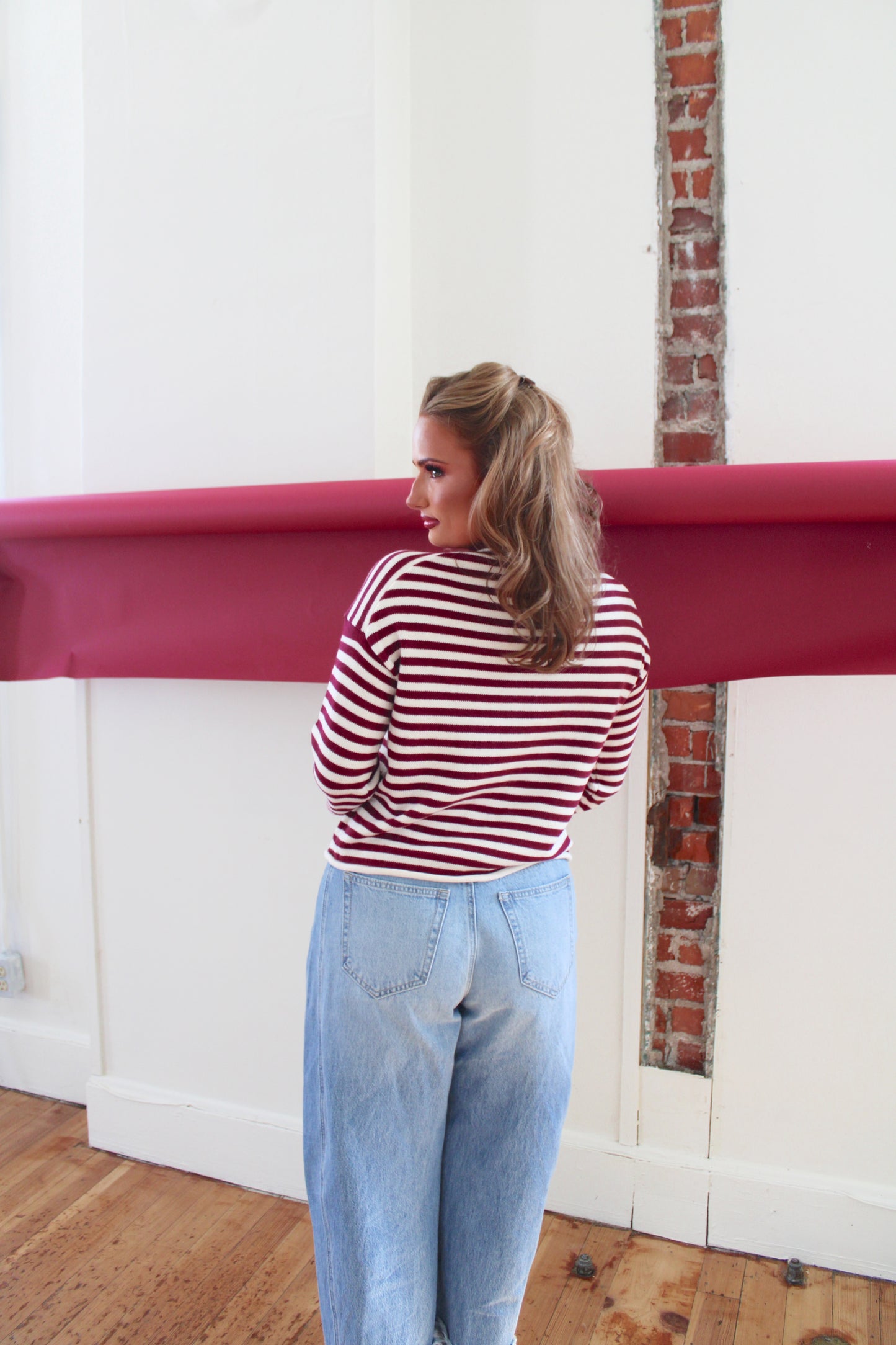 Bordeaux Stripe Mock Neck Sweater - Merlot