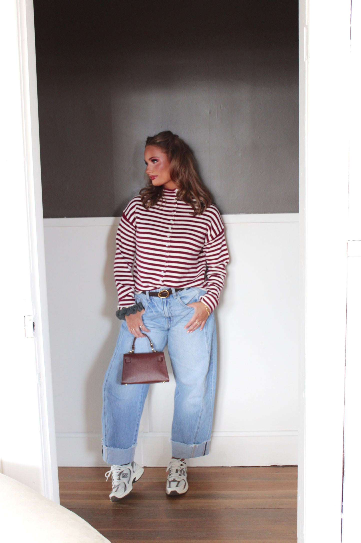 Bordeaux Stripe Mock Neck Sweater - Merlot