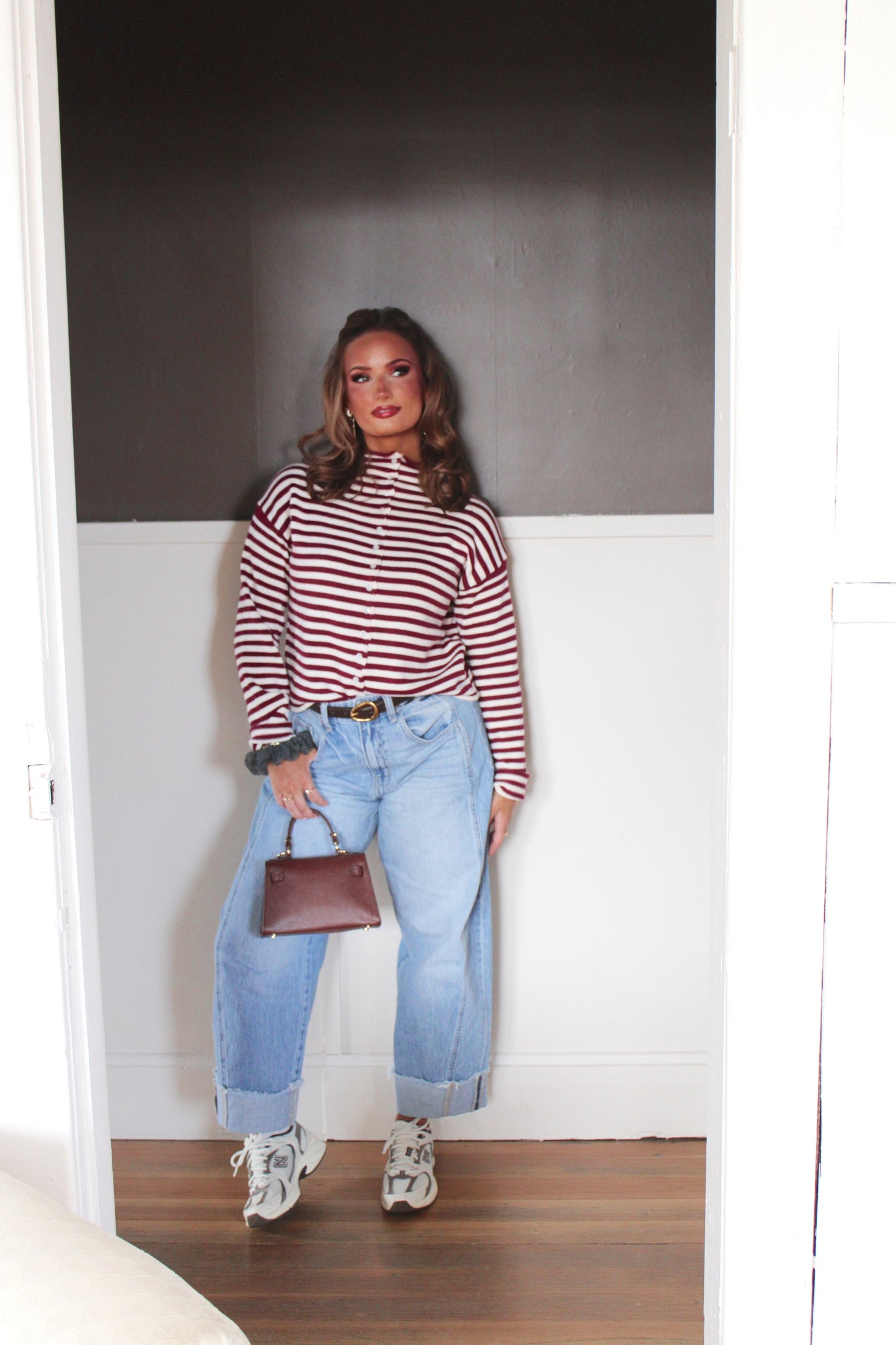 Bordeaux Stripe Mock Neck Sweater - Merlot