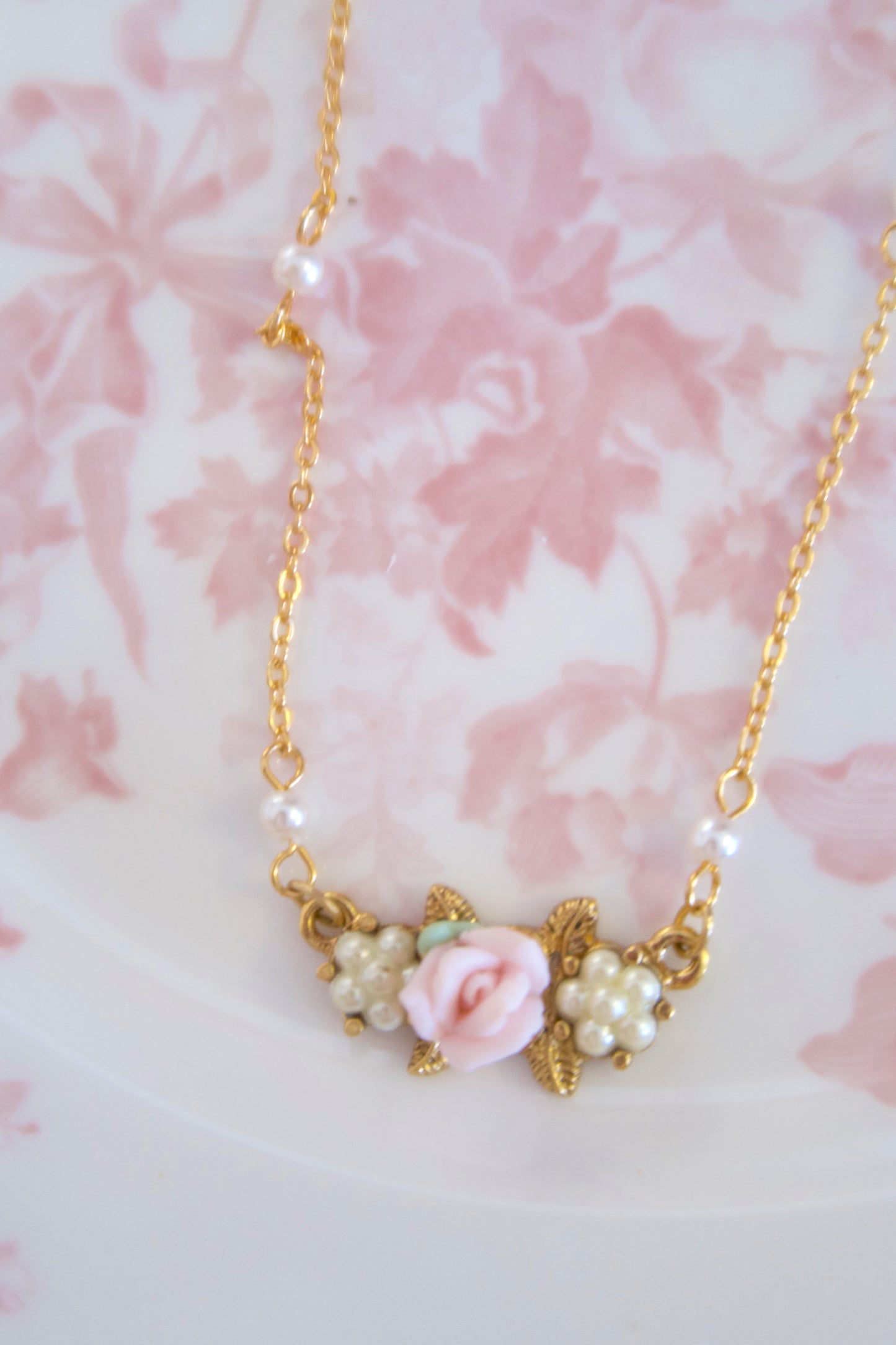 Gilded Garden Rose & Pearl Necklace