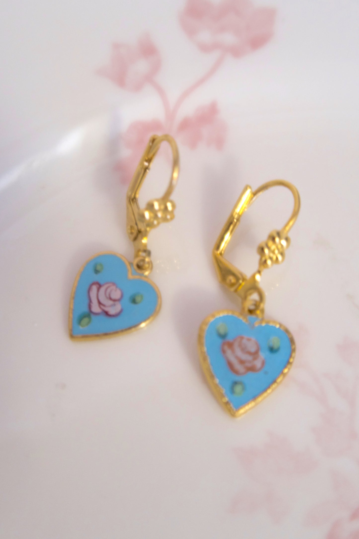 Vintage Flair Heart Earrings - Blue Floral