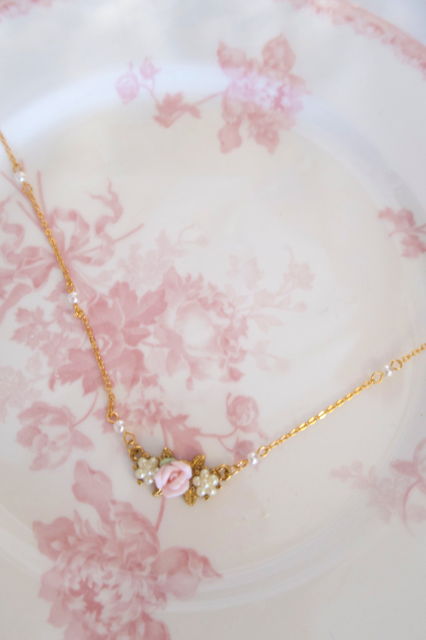 Gilded Garden Rose & Pearl Necklace