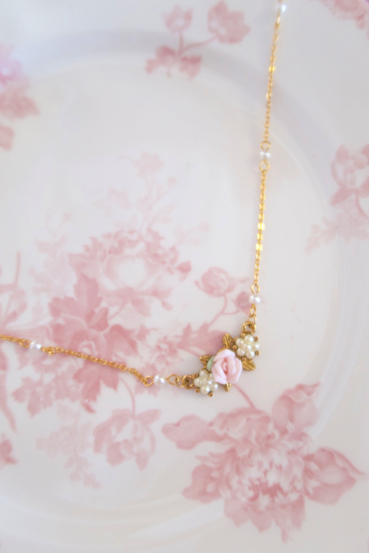 Gilded Garden Rose & Pearl Necklace