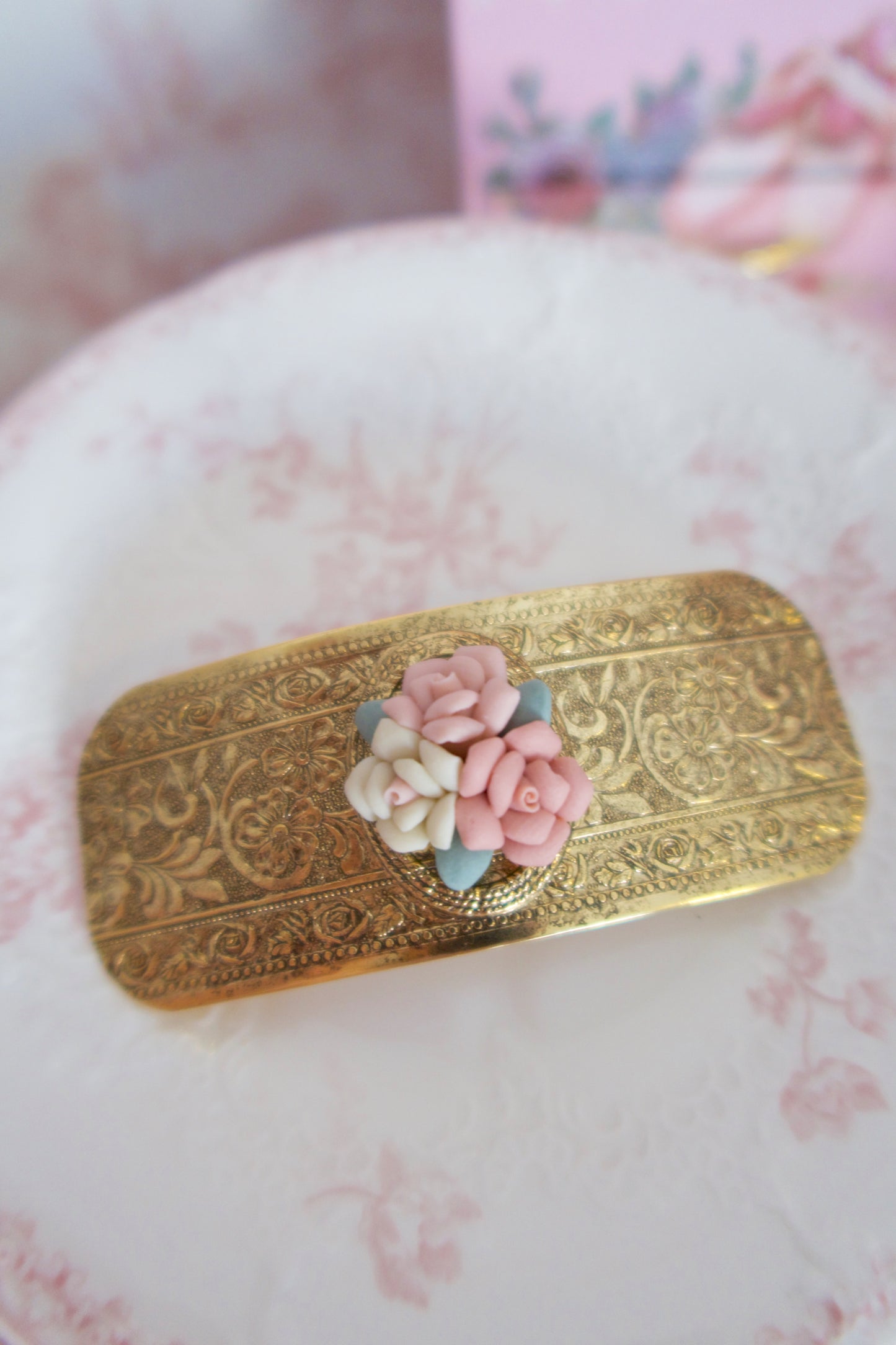 Pink Porcelain Flower Vintage Hair Barrette