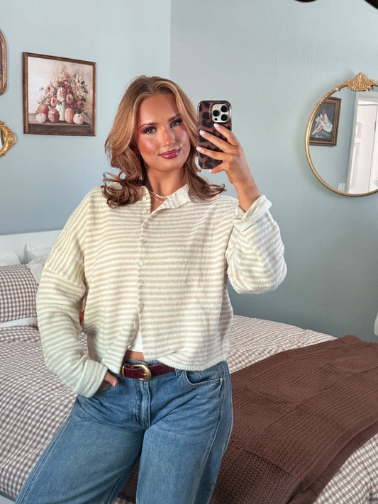 Timeless Threads Cardigan - Oatmeal Stripes