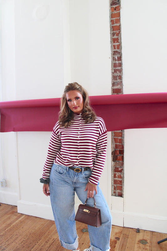 Bordeaux Stripe Mock Neck Sweater - Merlot