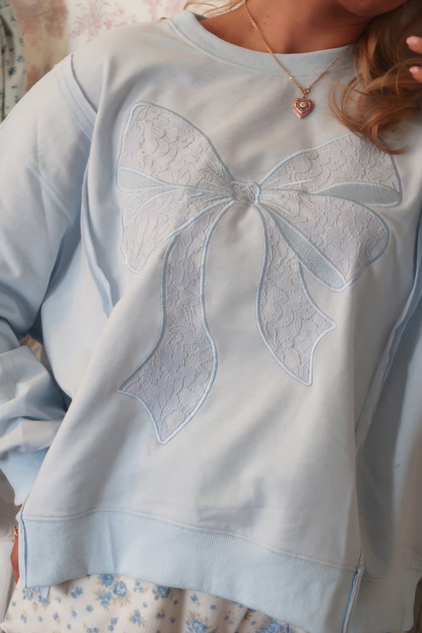 Ribboned Romance Lace Pullover - Blueberry Muffin