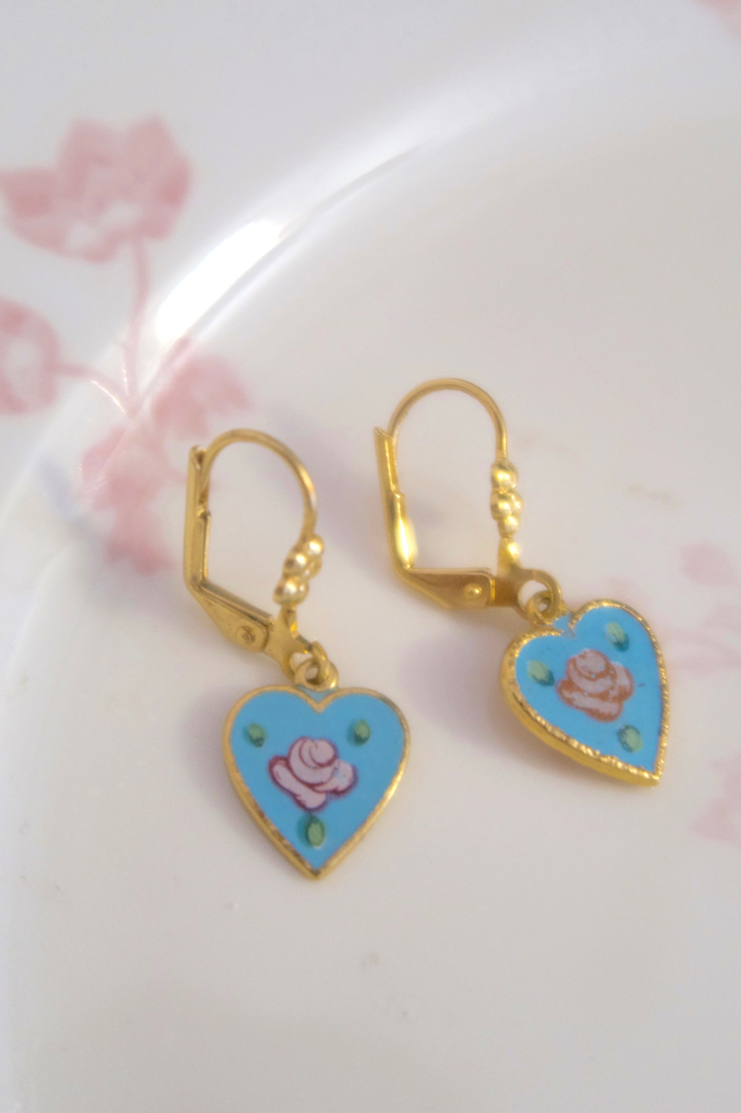 Vintage Flair Heart Earrings - Blue Floral