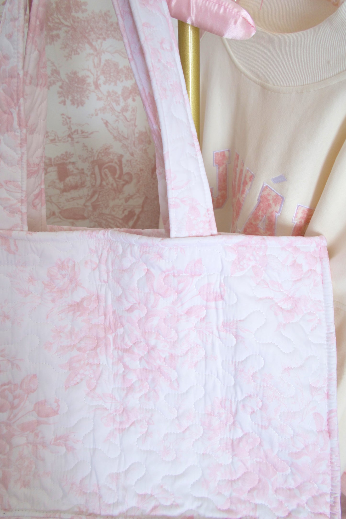 Toile En Rose Pink Quilted Tote Bag