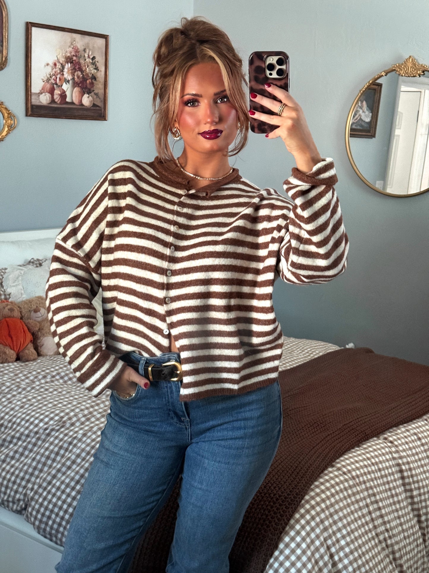 Timeless Threads Cardigan - Espresso Stripes