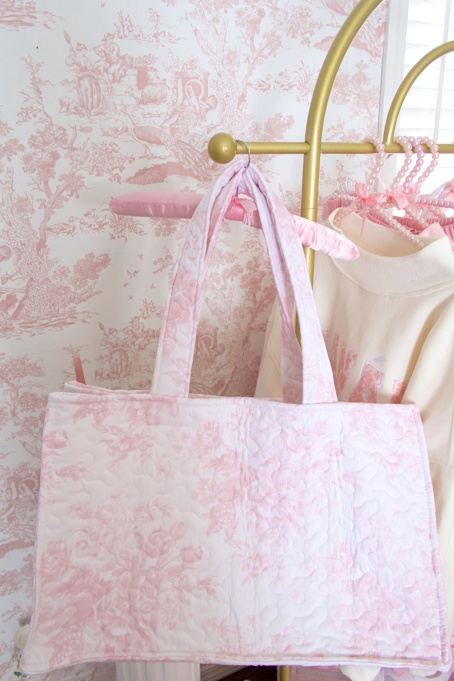 Toile En Rose Pink Quilted Tote Bag