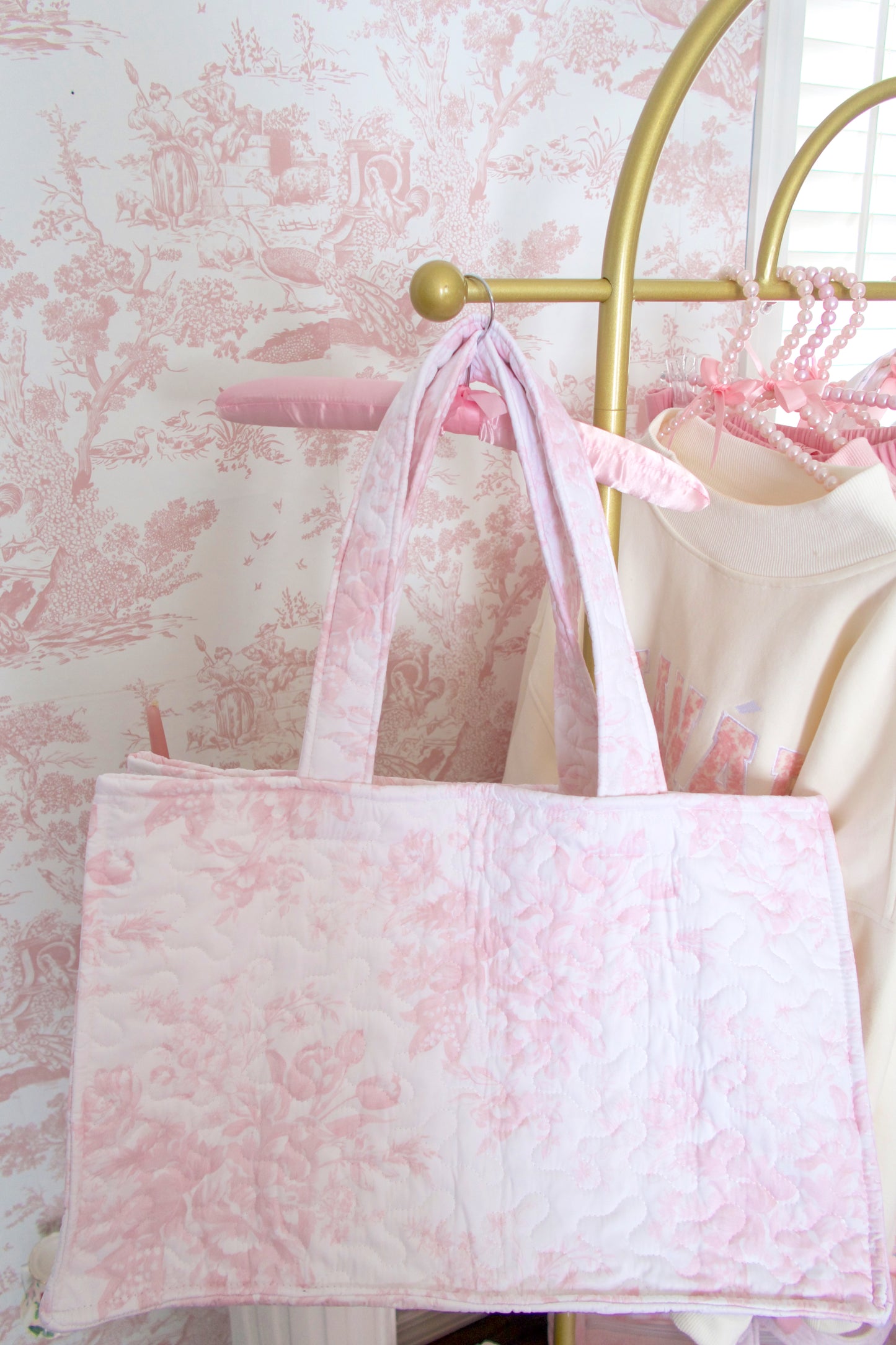 Toile En Rose Pink Quilted Tote Bag