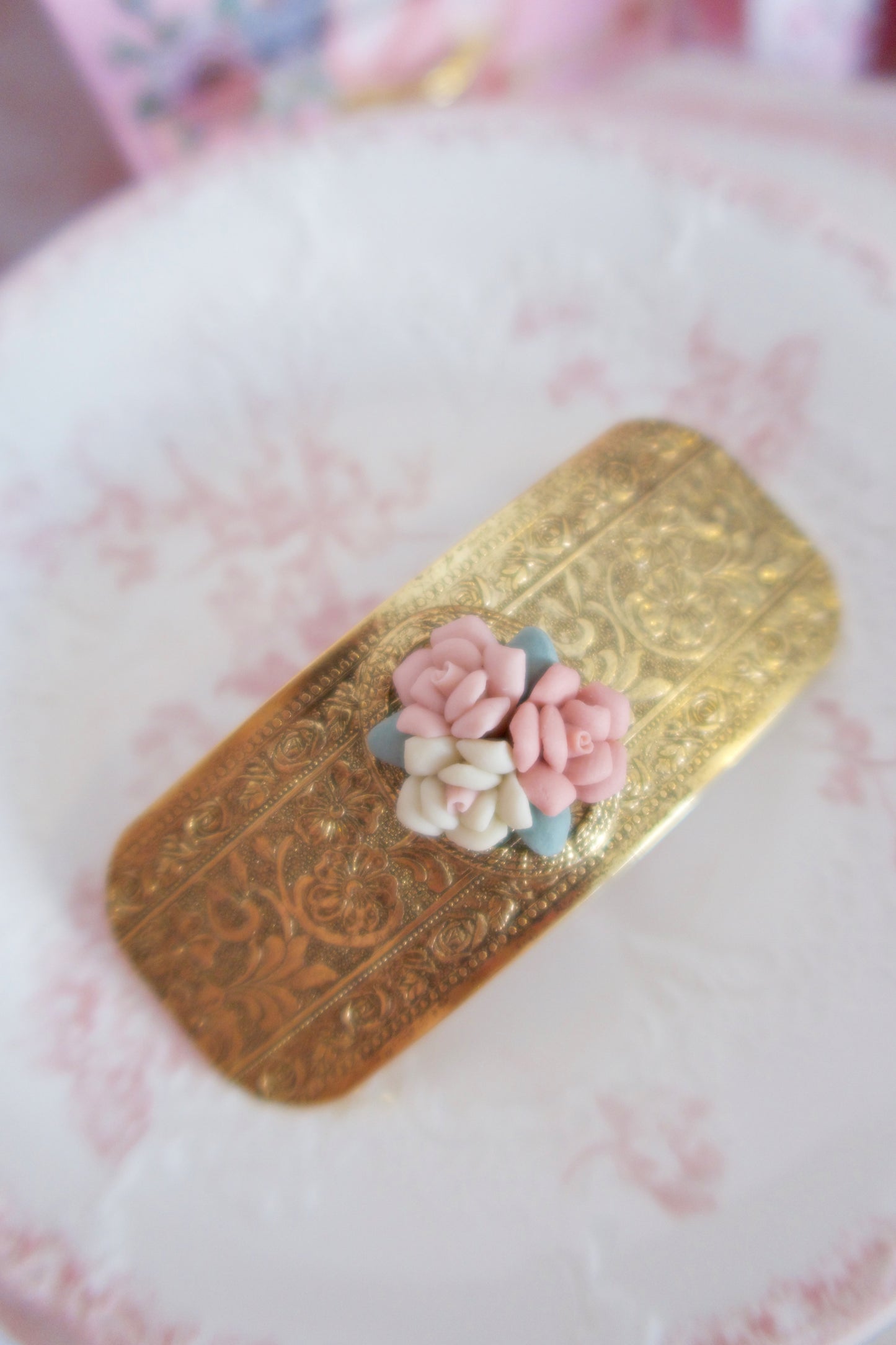 Pink Porcelain Flower Vintage Hair Barrette