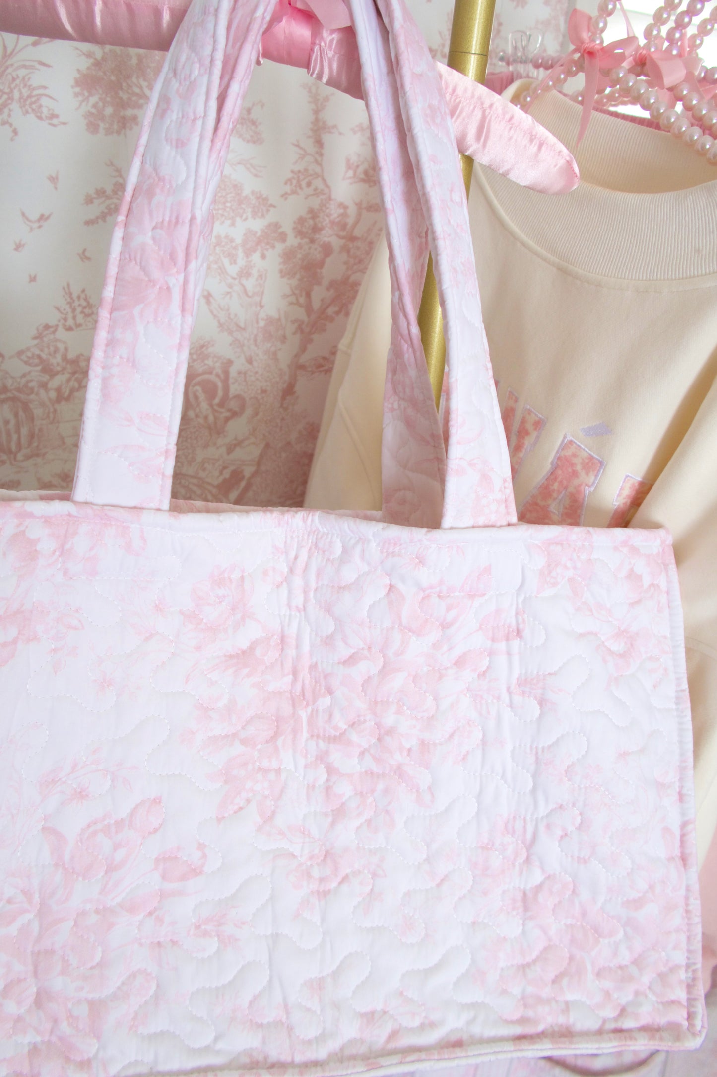 Toile En Rose Pink Quilted Tote Bag