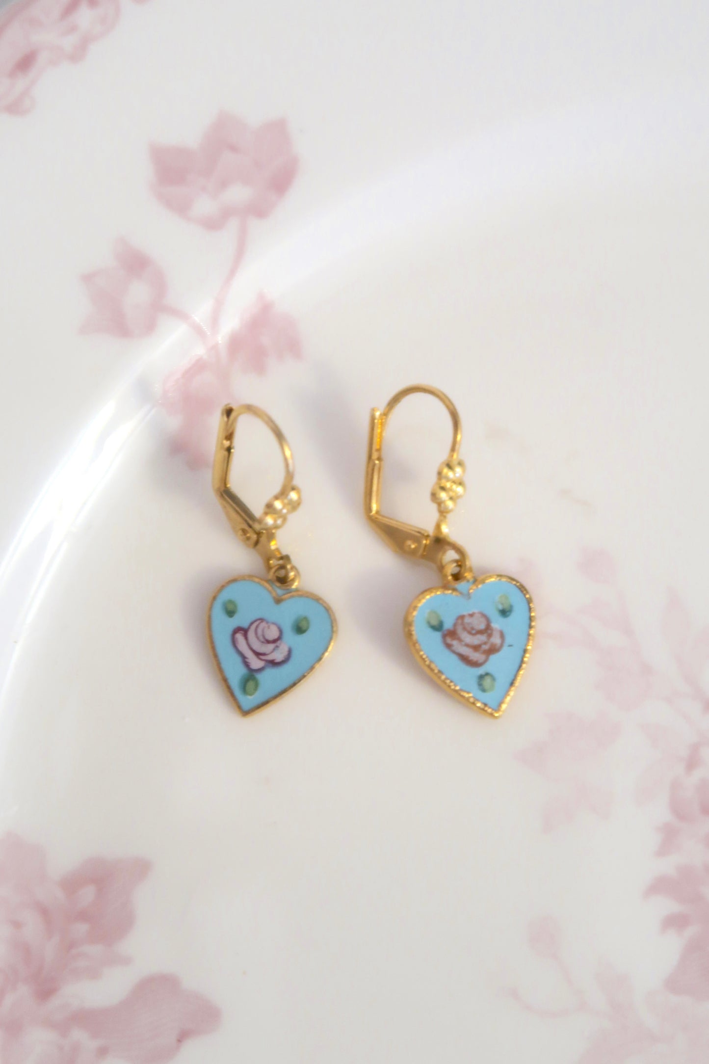 Vintage Flair Heart Earrings - Blue Floral