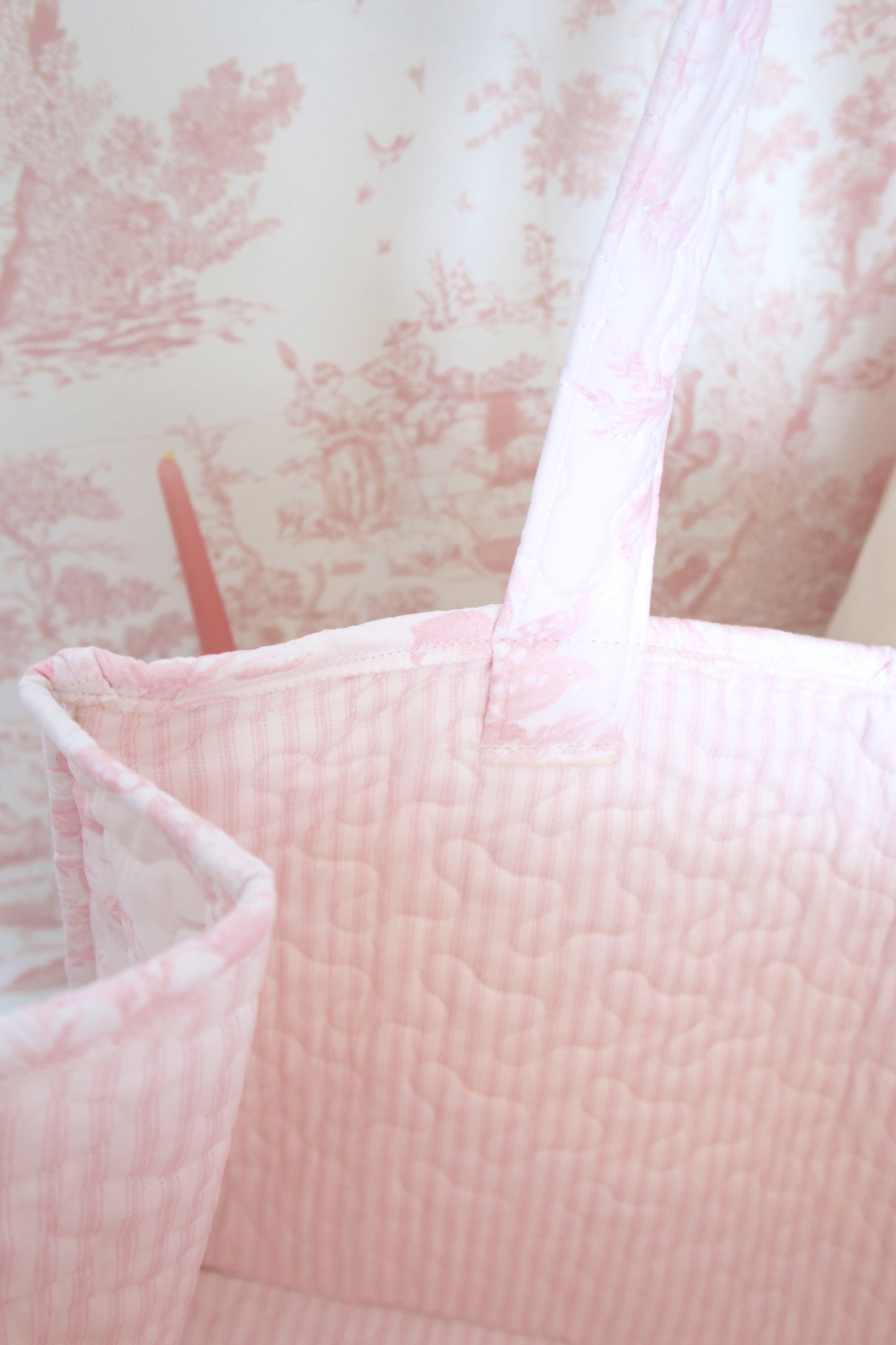 Toile En Rose Pink Quilted Tote Bag