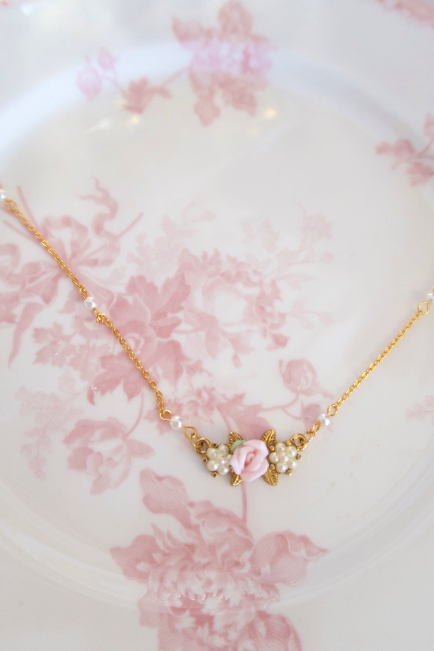 Gilded Garden Rose & Pearl Necklace