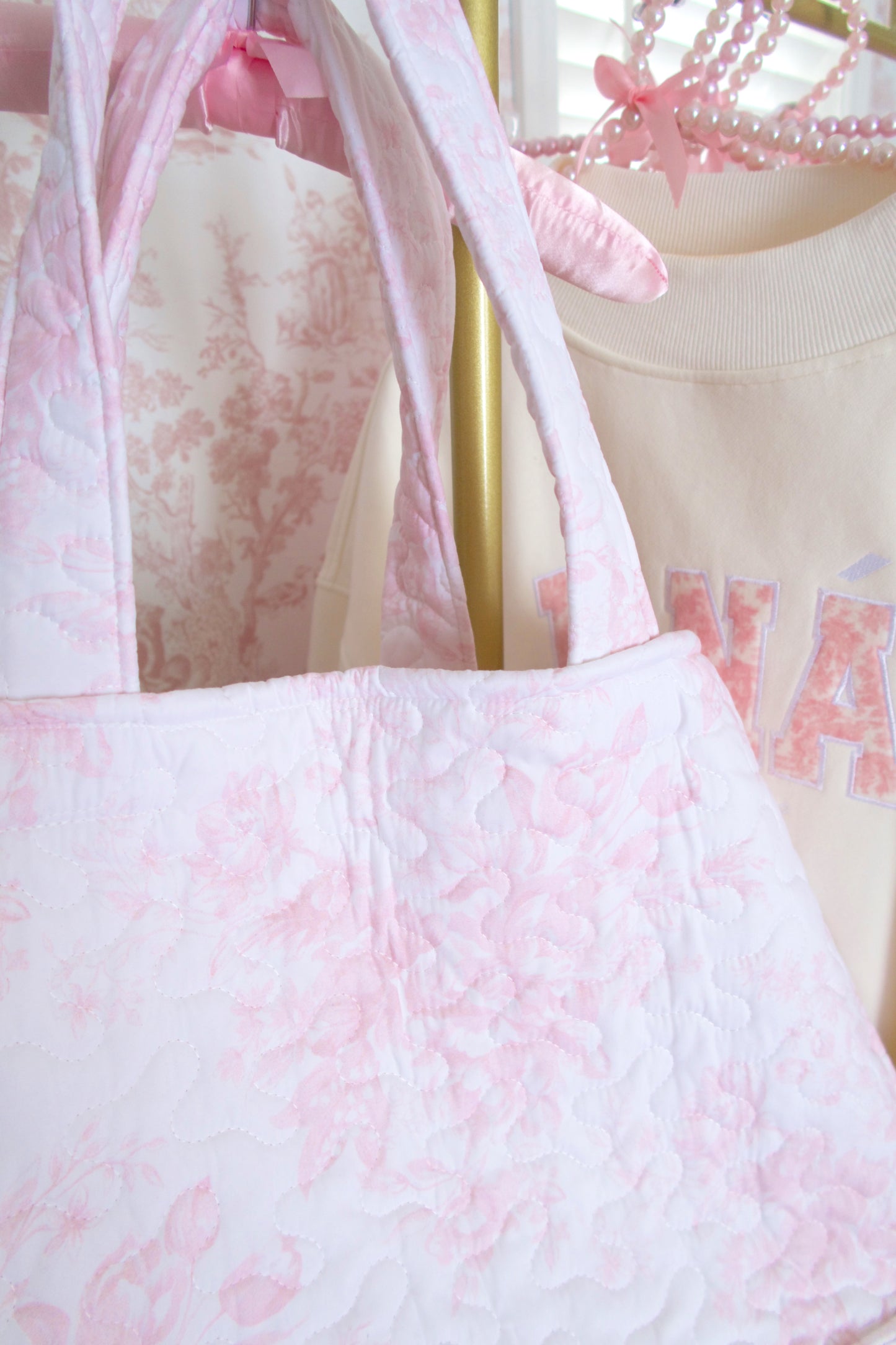 Toile En Rose Pink Quilted Tote Bag