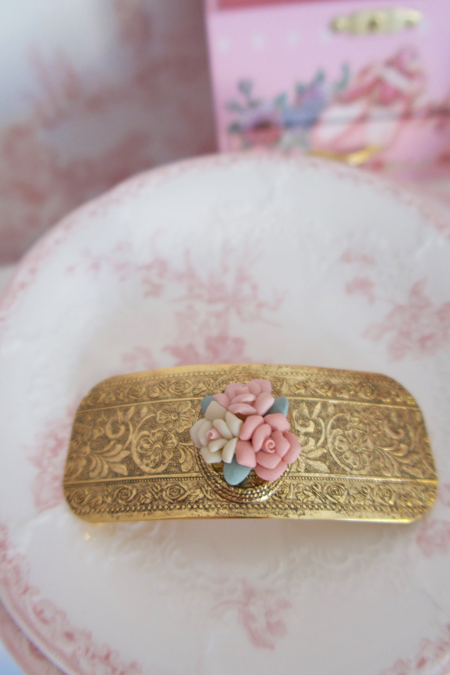 Pink Porcelain Flower Vintage Hair Barrette