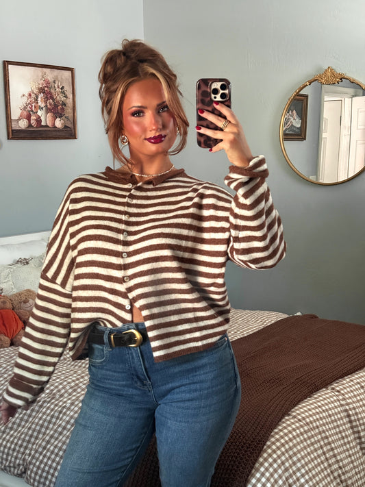 Timeless Threads Cardigan - Espresso Stripes